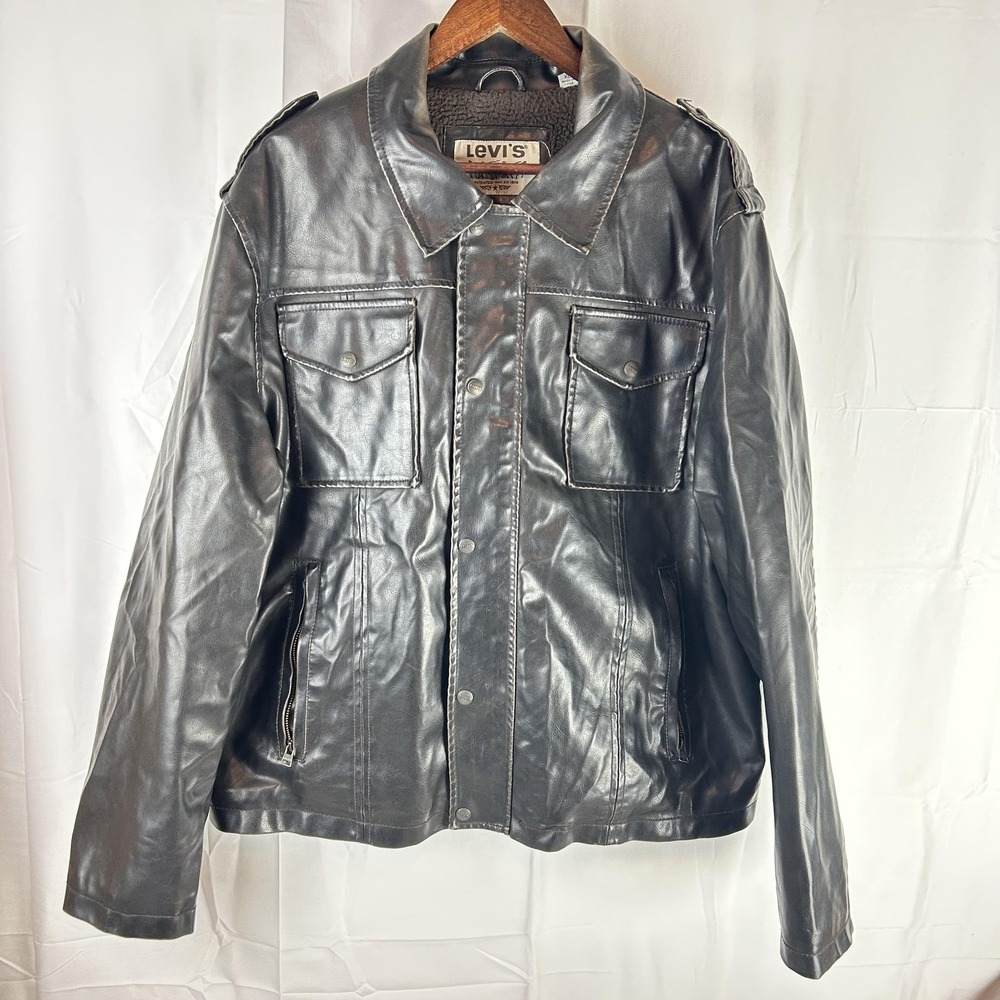 Levis Jacket Mens XL Dark Brown Faux Leather‎ Sherpa Lined Trucker Zip Pockets